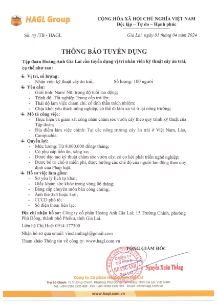 Tập đoàn Hoàng Anh Gia Lai tuyển dụng nhân viên kỹ thuật cây ăn trái 1 Tập đoàn Hoàng Anh Gia Lai tuyển dụng nhân viên kỹ thuật cây ăn trái