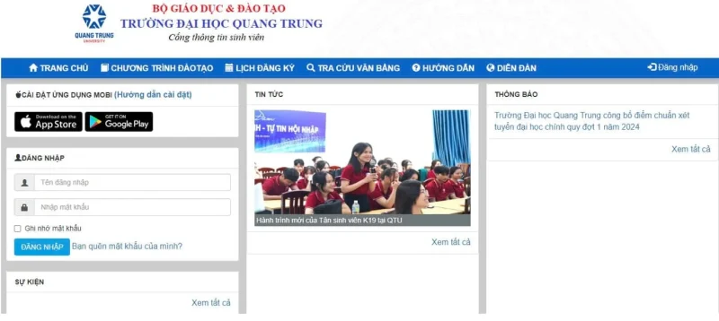 Thông báo sử dụng Cổng thông tin sinh viên QTU