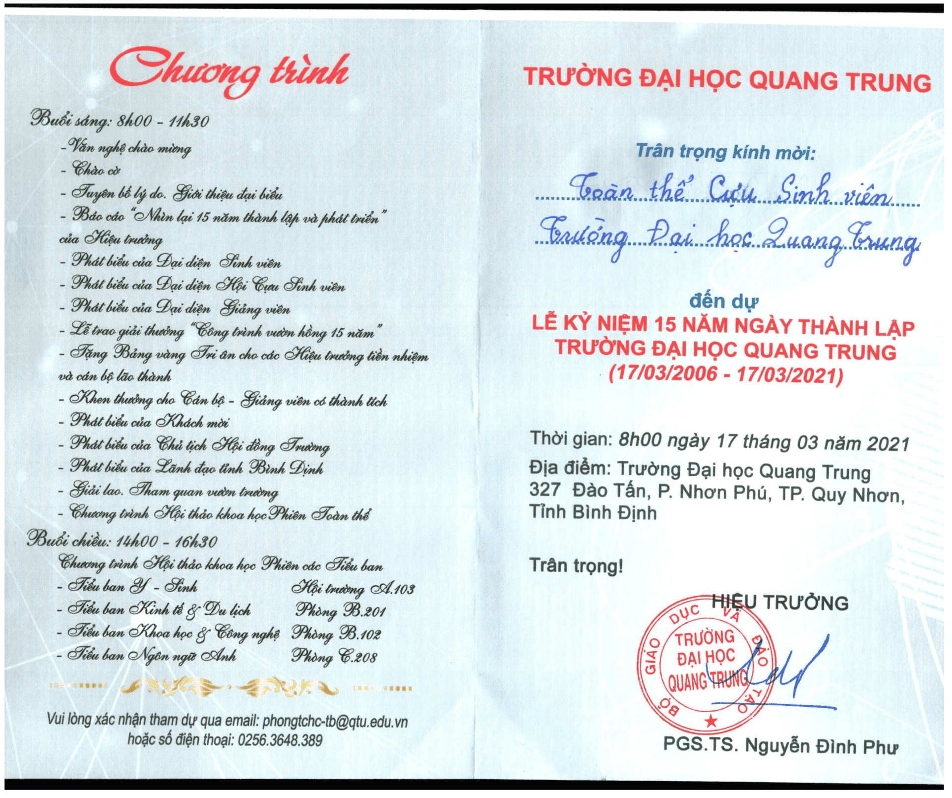 Giấy mời cựu sinh viên Trường Đại học Quang Trung tham dự Lễ kỷ niệm 15 năm ngày thành lập Trường Đại học Quang Truhng (17/3/2006 - 17/3/2021) 2 000002