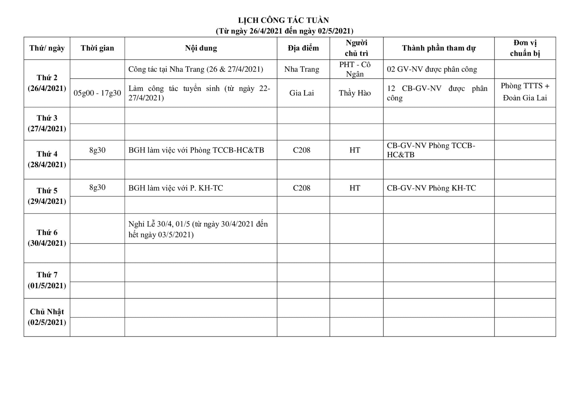 Lich cong tac tuan tu ngay 26.4.2021 den ngay 02.5.2021