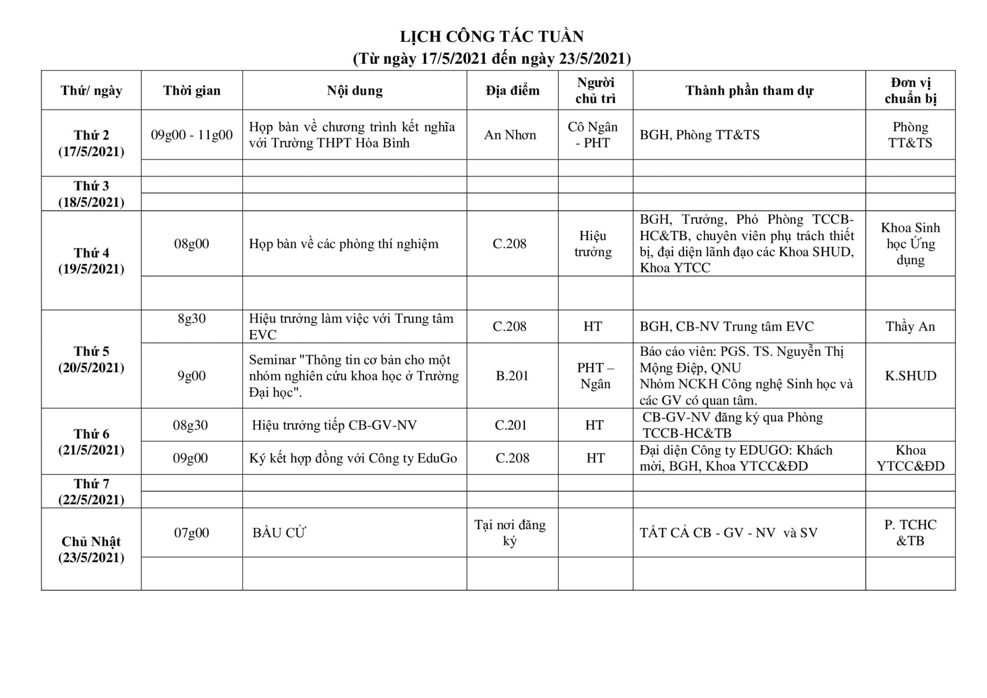 Lich cong tac tuan tu ngay 17.5.2021 den ngay 23.5.2021