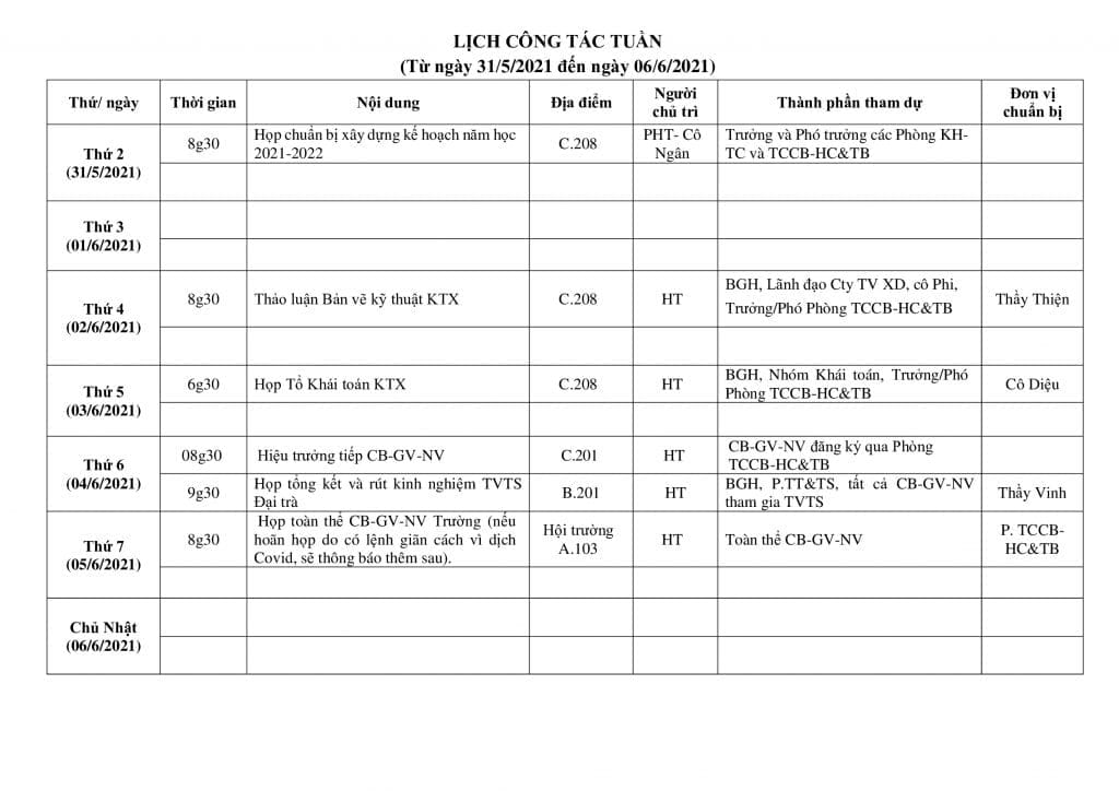 Lich cong tac tuan tu ngay 31.5.2021 den ngay 06.6.2021