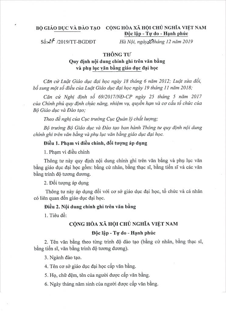 Thông tư số 27/2019/TT-BGDĐT Quy định nội dung chính ghi trên văn bằng và phụ lục văn bằng giáo dục đại học 1 0001 6