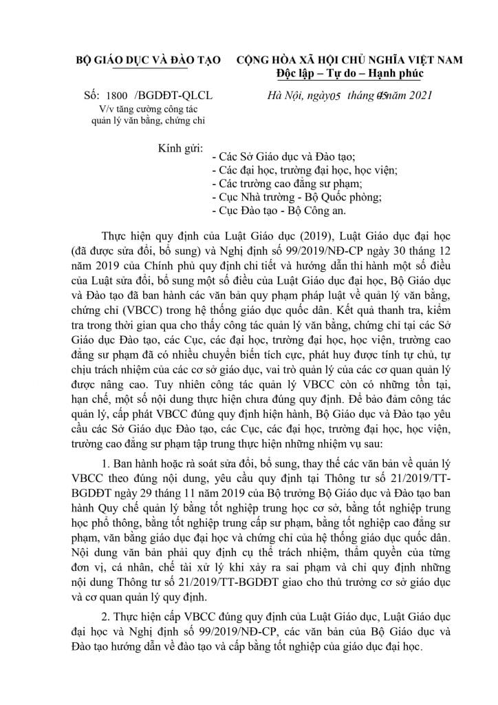 Công văn 1800/BGDĐT-QLCL về việc tăng cường công tác quản lý văn bằng, chứng chỉ 1 0001 9