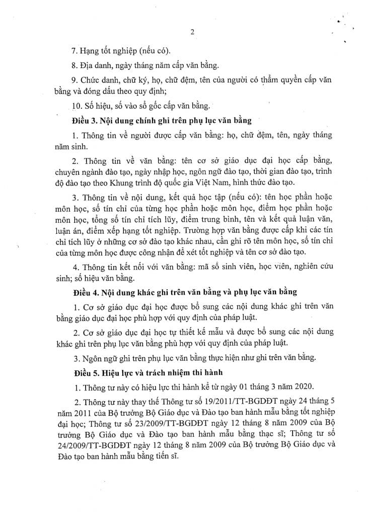 Thông tư số 27/2019/TT-BGDĐT Quy định nội dung chính ghi trên văn bằng và phụ lục văn bằng giáo dục đại học 2 0002 5