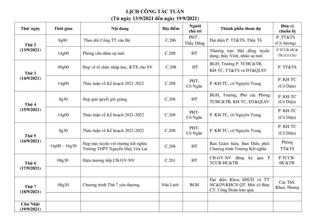 Lich cong tac tuan tu ngay 13.9.2021 den ngay 19.9.2021