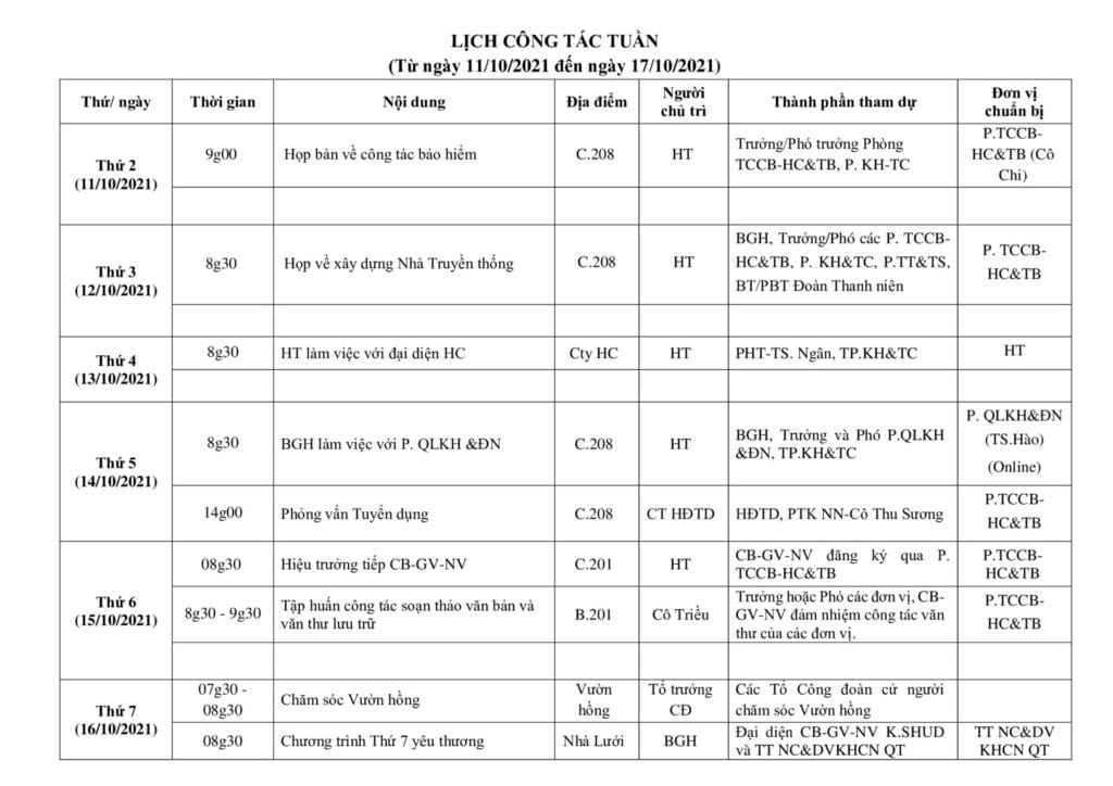 Lich cong tac tuan tu ngay 11.10.2021 den ngay 17.10.2021