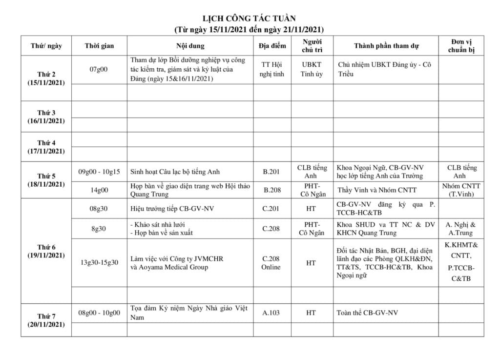 Lich cong tac tuan tu ngay 15.11.2021 den ngay 21.11.2021