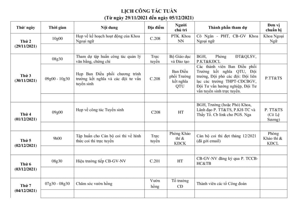 Lich cong tac tuan tu ngay 29.11.2021 den ngay 05.12.2021