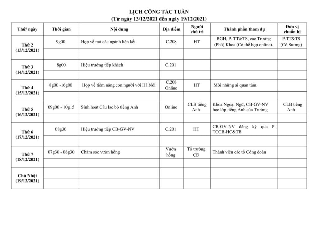 Lich cong tac tuan tu ngay 13.12.2021 den ngay 19.12.2021