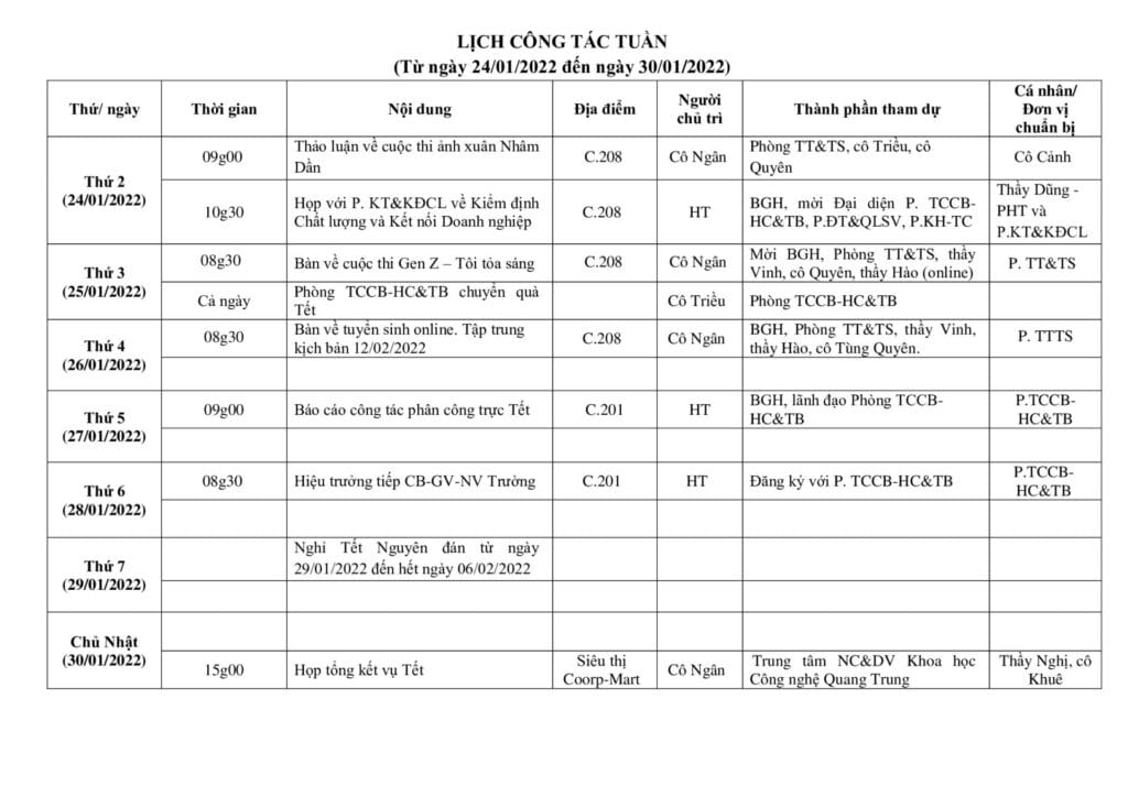 Lich cong tac tuan tu ngay 24.01.2022 den ngay 30.01.2022