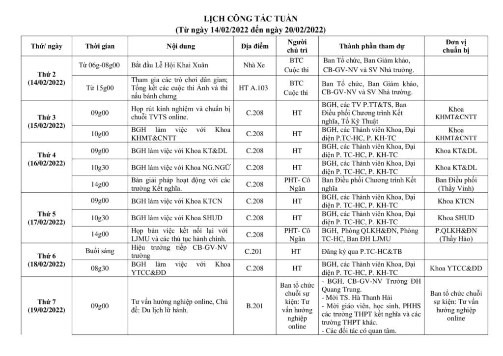 Lich cong tac tuan tu ngay 14.02.2022 den ngay 20.02.2022