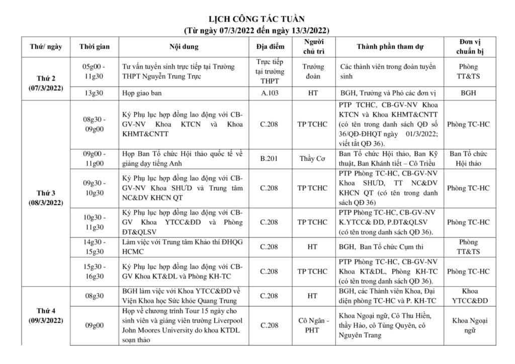 Lich cong tac tuan tu ngay 07.3.2022 den ngay 13.3.2022