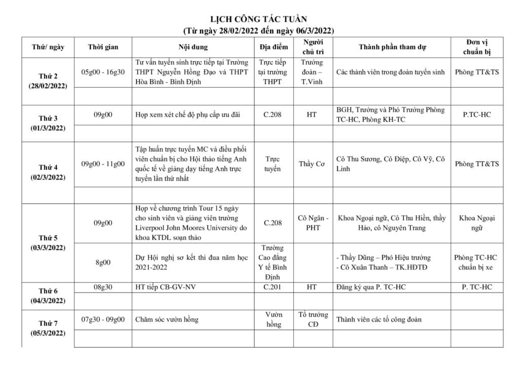 Lich cong tac tuan tu ngay 28.02.2022 den ngay 06.3.2022