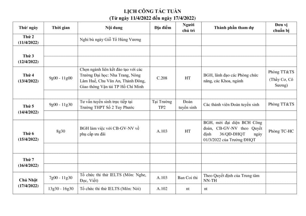 Lich cong tac tuan tu ngay 11.4.2022 den ngay 17.4.2022