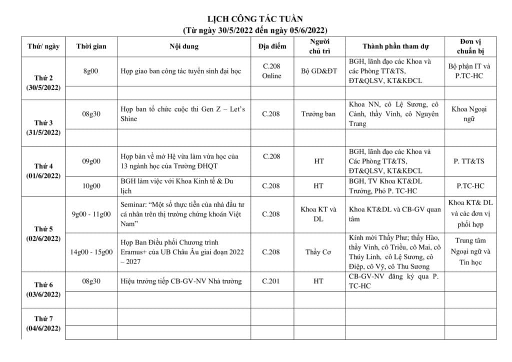 Lich cong tac tuan tu ngay 30.5.2022 den ngay 05.6.2022