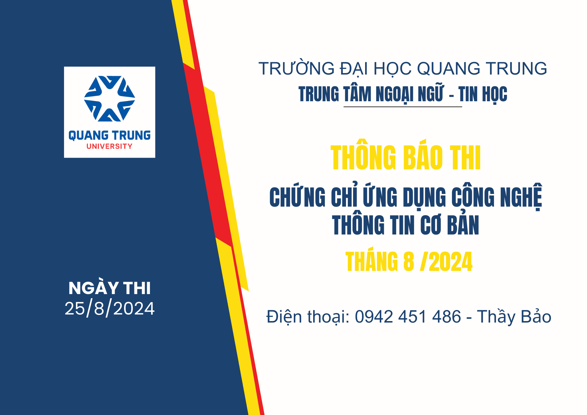 Thông báo thi Chứng chỉ Ứng dụng công nghệ thông tin cơ bản tháng 8.2024
