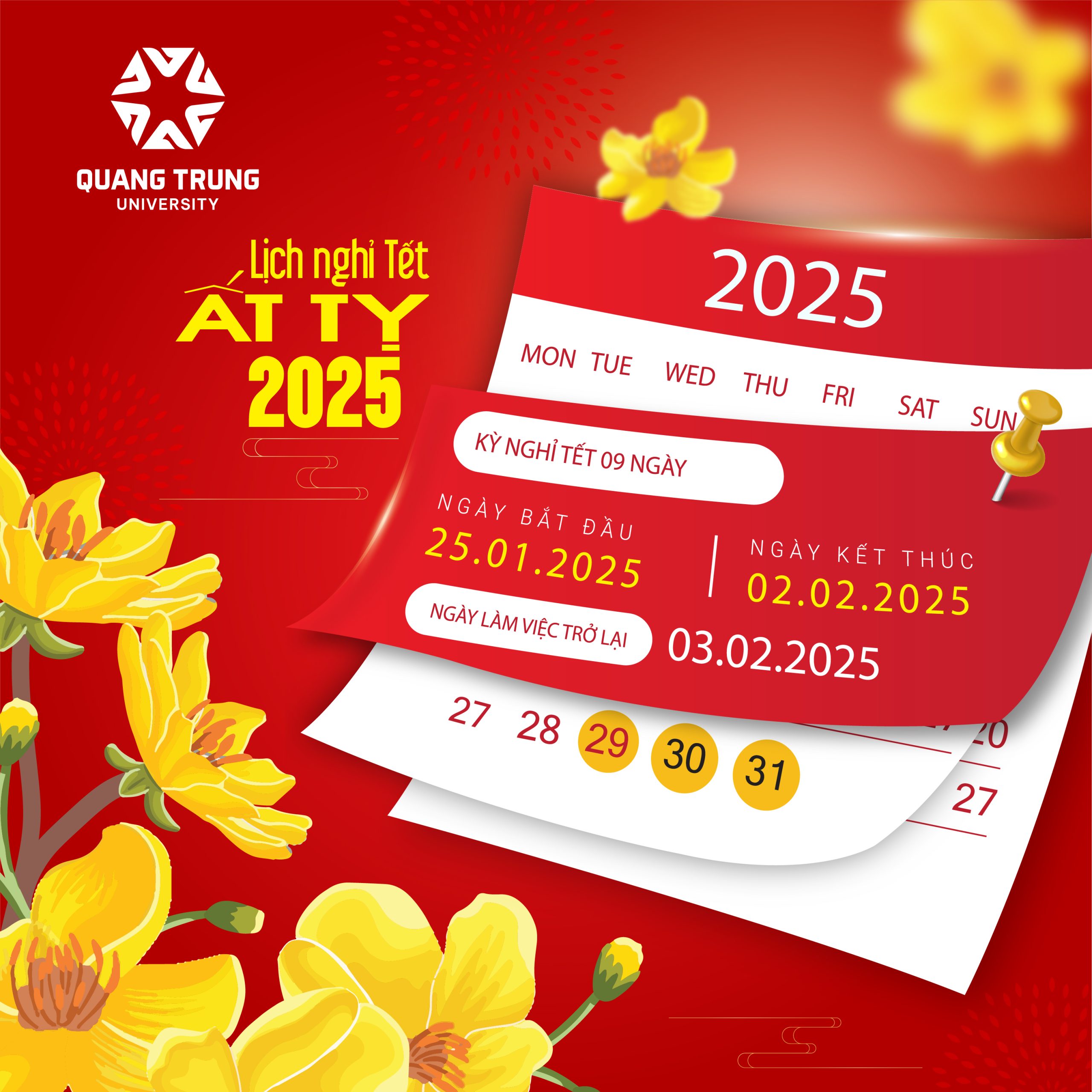THÔNG BÁO LỊCH NGHỈ TẾT NGUYÊN ĐÁN ẤT TỴ 2025