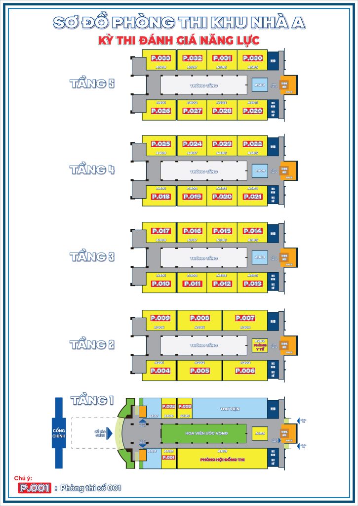 Sơ đồ phòng thi Đánh giá năng lực ĐHQG-HCM tại điểm thi 50 Trường Đại học Quang Trung 63 Sơ đồ phòng thi khu A